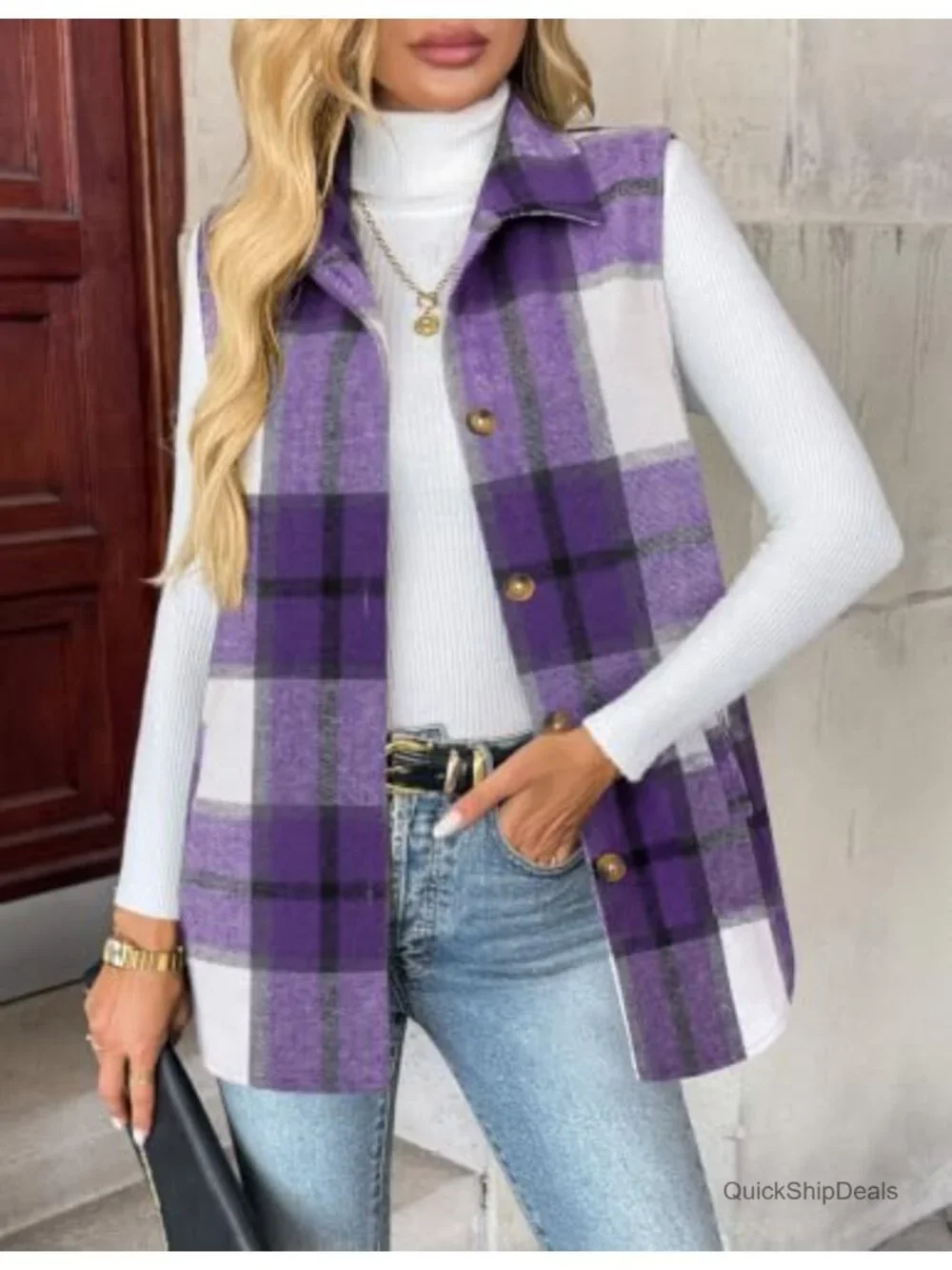 Women's Flannel Plaid Vest Sleeveless Button Down Lapel Collar Lightweight